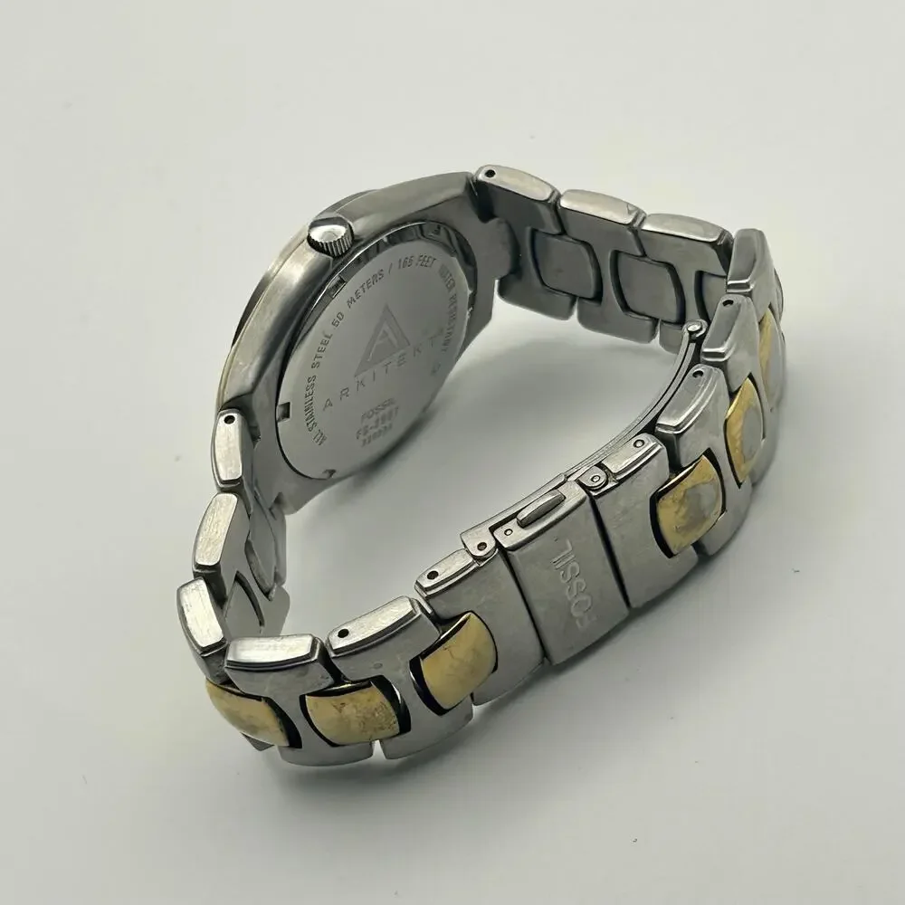 Fossil Arkitekt FS-2907 Silver Gold St. Steel Men’s Watch Working New Battery